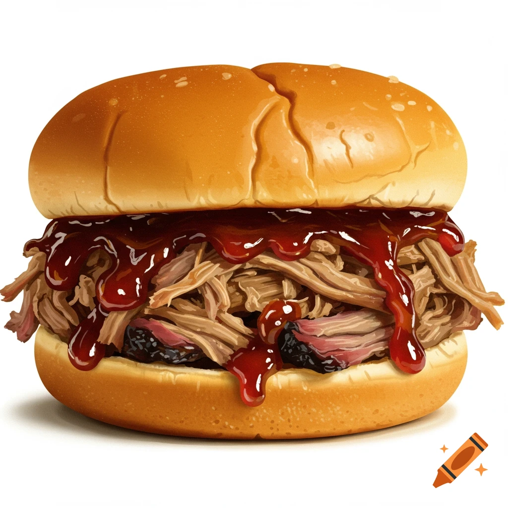 Illustration of a pulled pork sandwich with barbecue sauce on a bun
