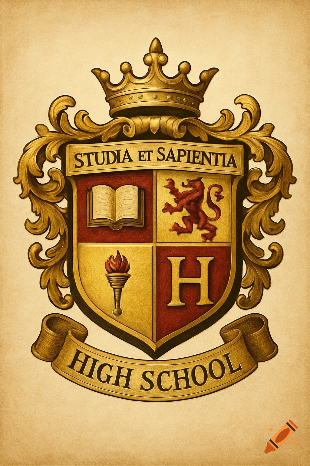High school crest with gold crown, shield showing book, red lion, torch, 'H', and banners reading 'STUDIA ET SAPIENTIA' and 'HIGH SCHOOL'.