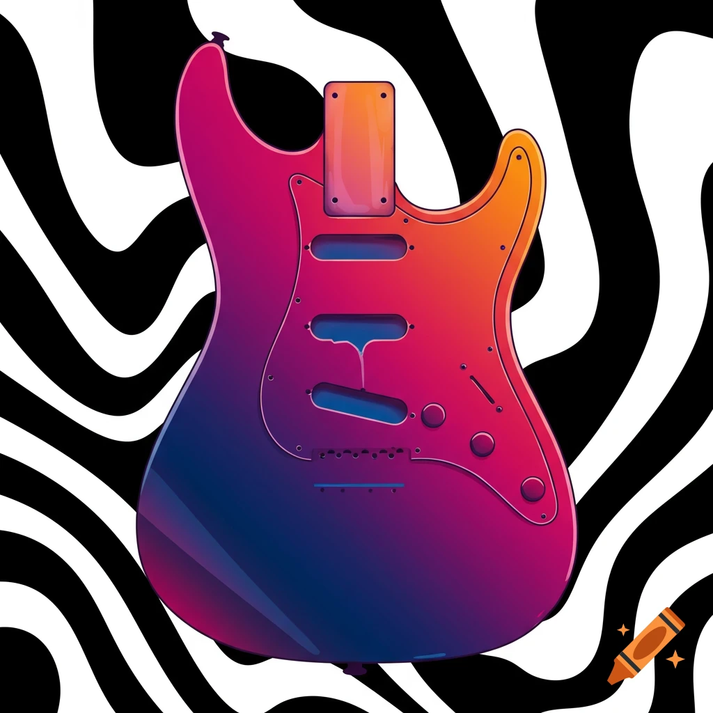 Stylized electric guitar body with a colorful gradient against a wavy black and white background.