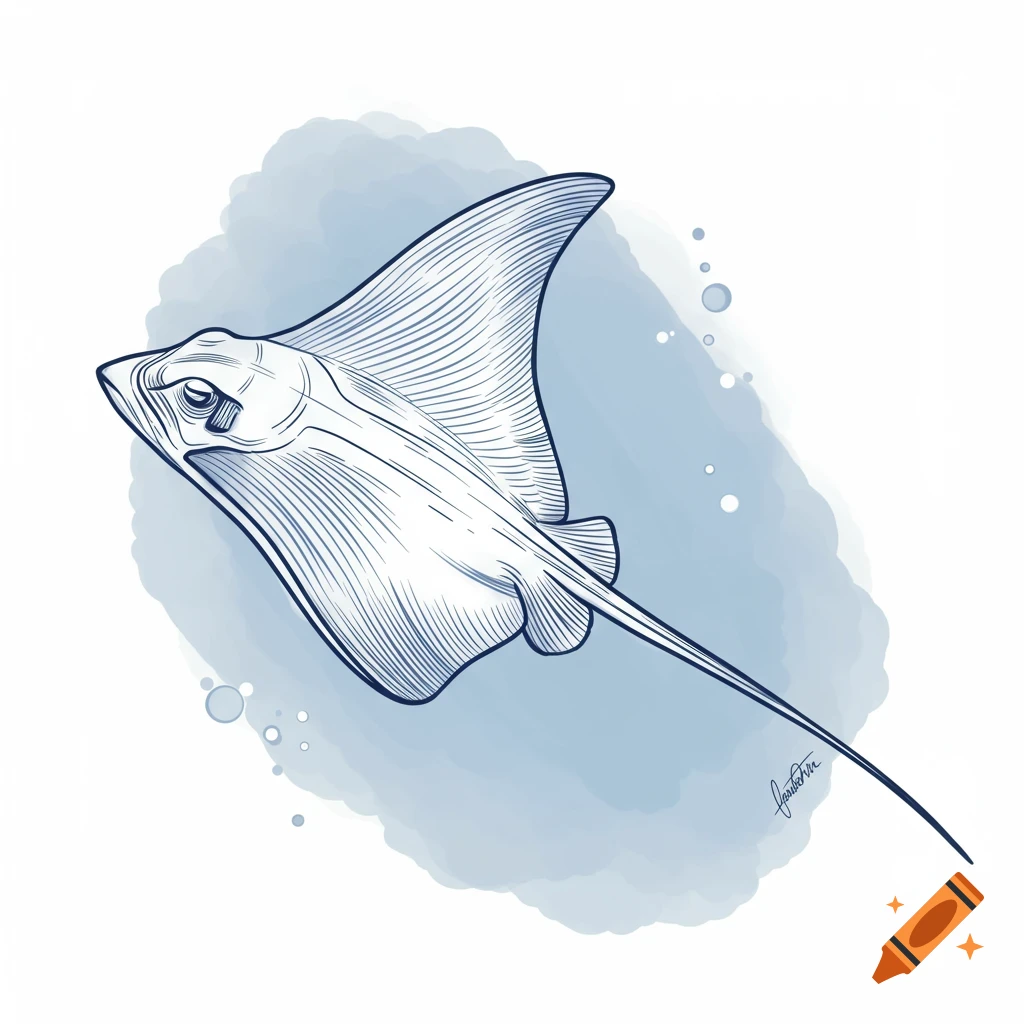 Line drawing of a stingray with a blue watercolor background.