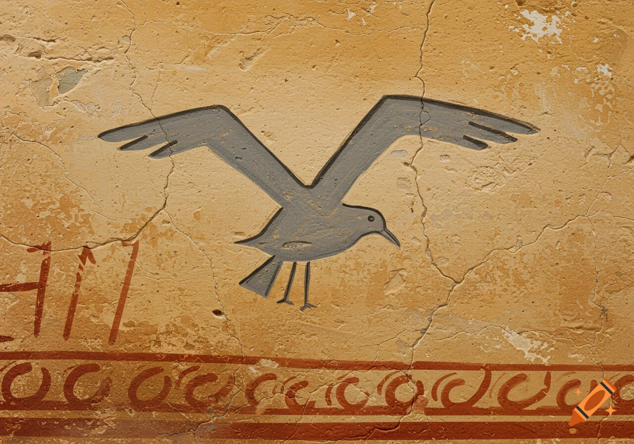 Grey bird symbol painted on a cracked ancient wall with a decorative border below.