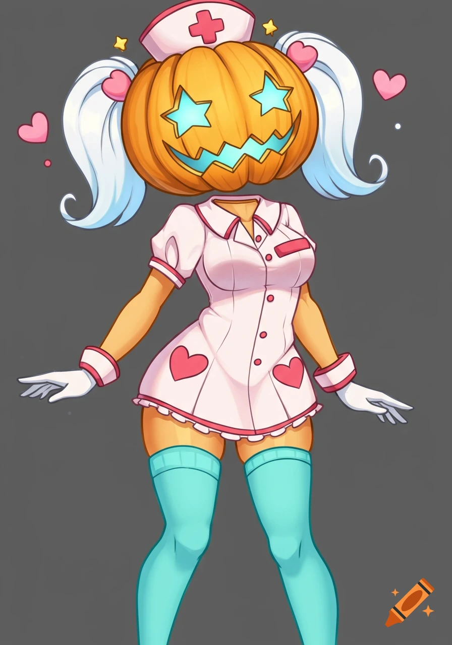 Cartoon character with pumpkin head in nurse uniform.