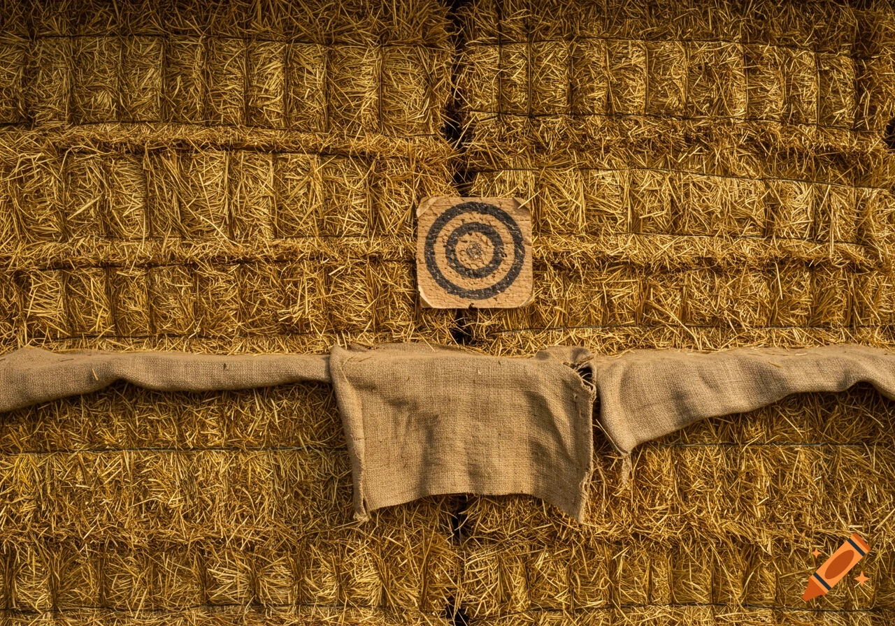 Target on a wall of straw bales with sackcloth draped below.
