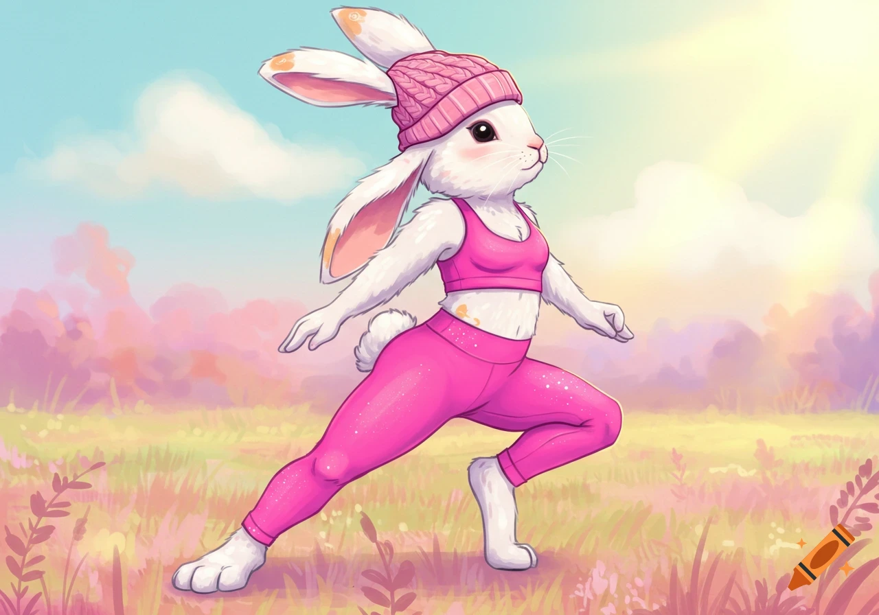 An anthropomorphic bunny wearing a pink beanie, sports bra, and yoga pants poses in a field illustration.