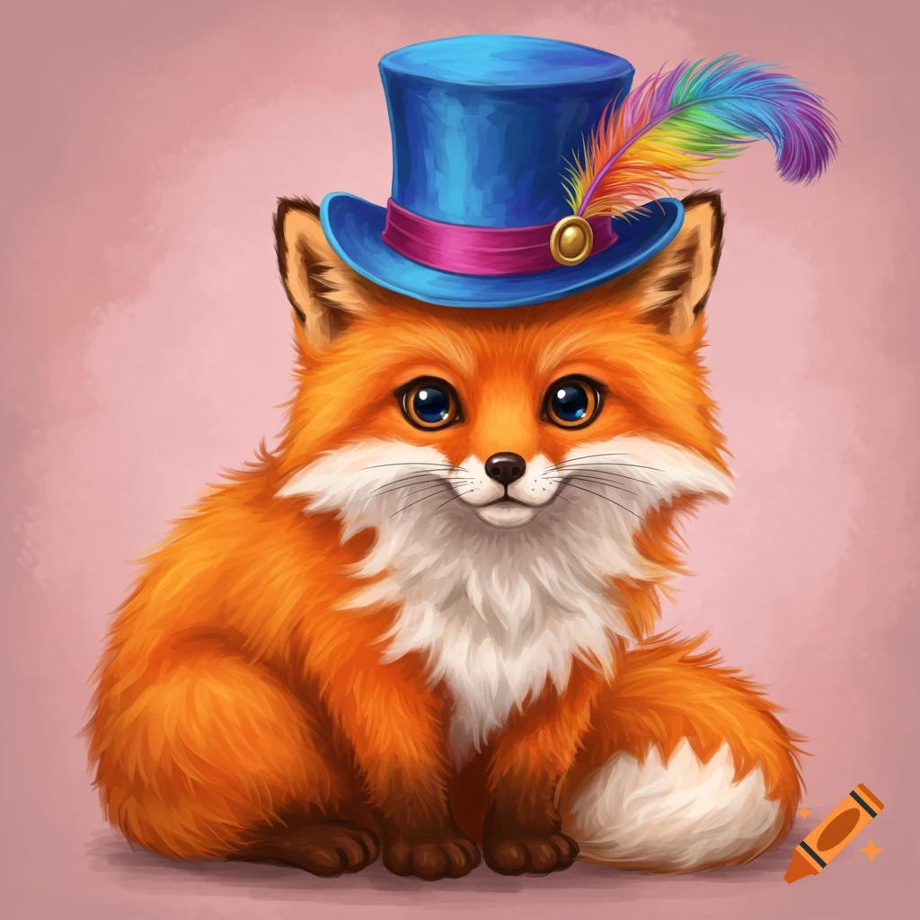 Cute fox wearing a blue top hat with a colorful feather, digital illustration