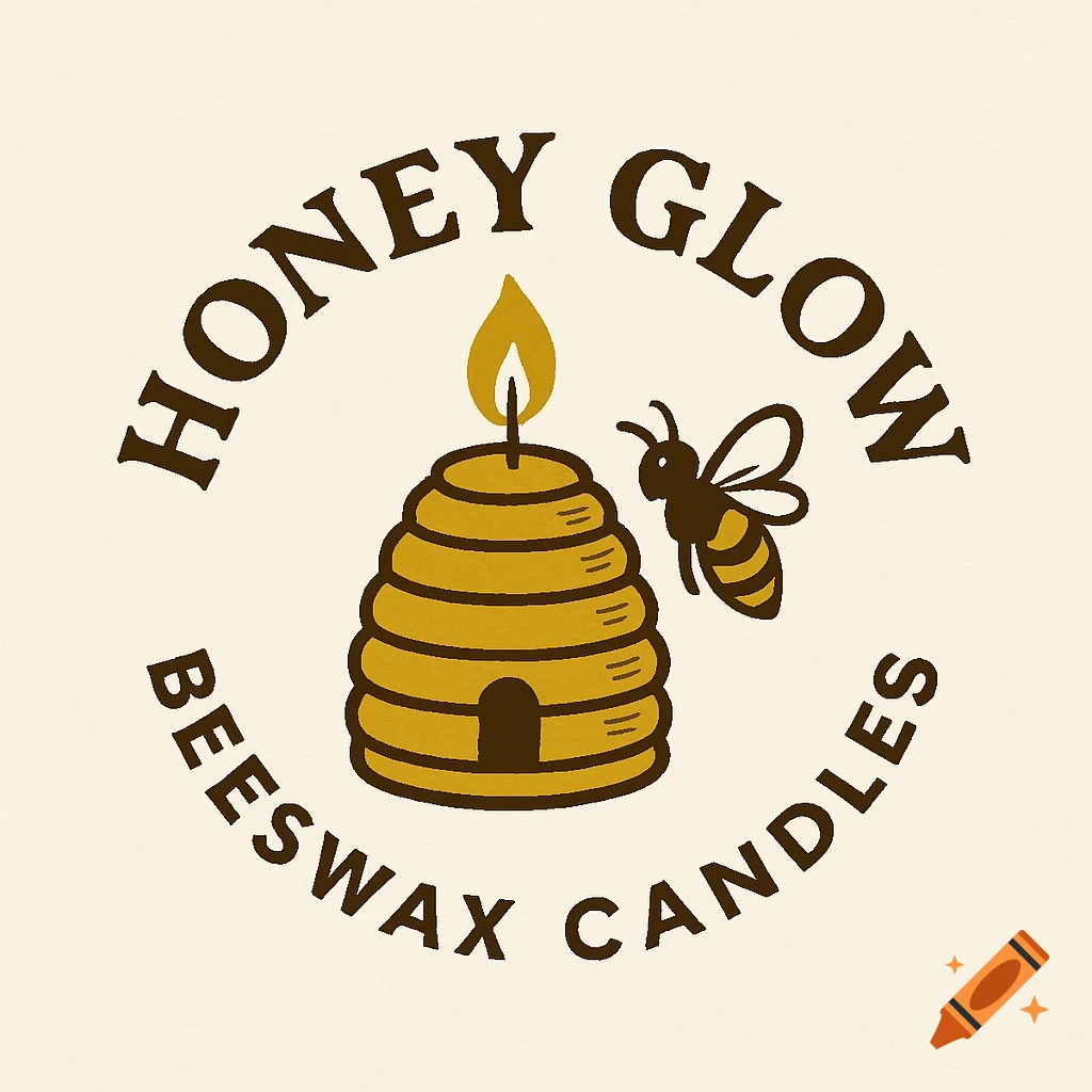 Logo for Honey Glow Beeswax Candles featuring a beehive candle and a bee.