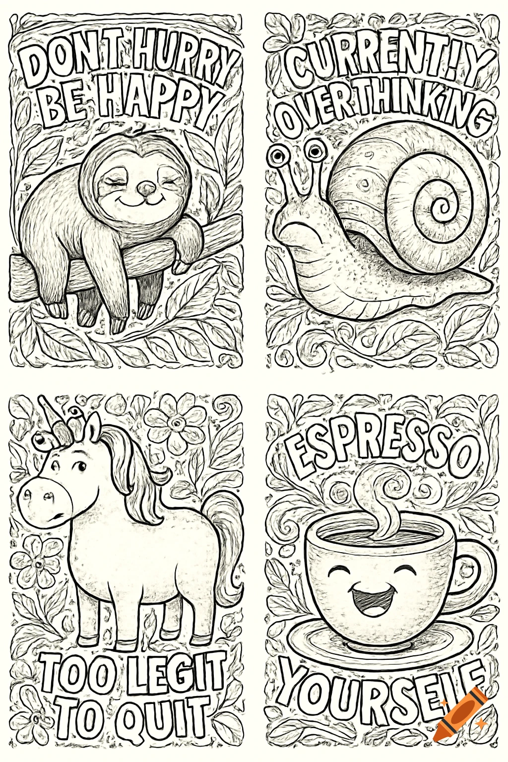 Black and white coloring page with four panels: a sloth with 'Don't Hurry Be Happy', a snail with 'Currently Overthinking', a unicorn with 'Too Legit To Quit', and a coffee cup with 'Espresso Yourself'.