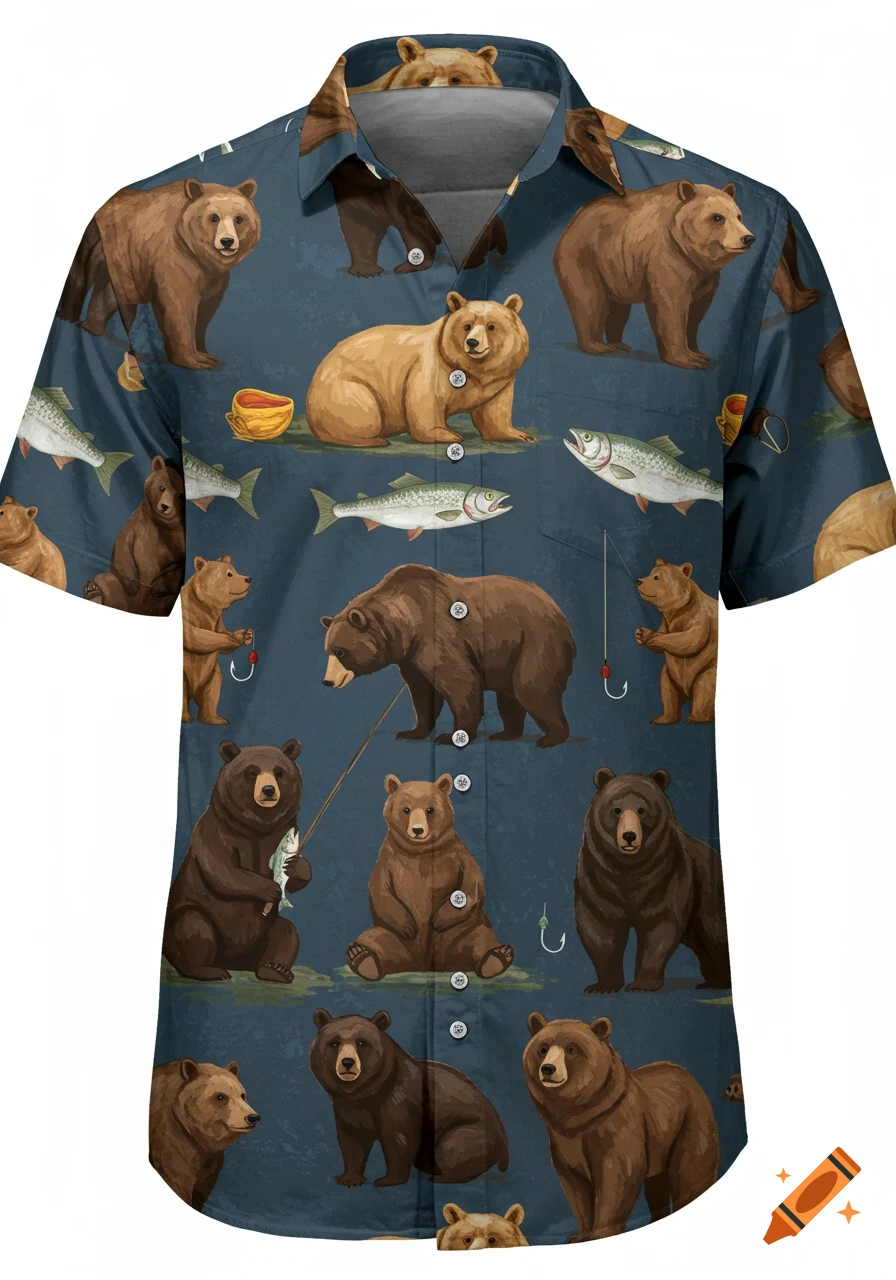 Pattern of brown bears and fish on a blue shirt.