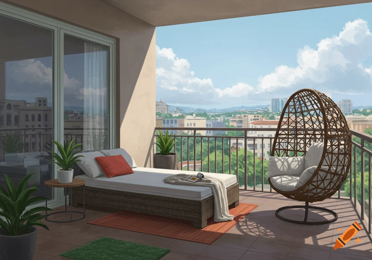 A sunny balcony with a daybed, egg chair, plants, and a view of a city ... - Outdoor City View Balcony Daybeds