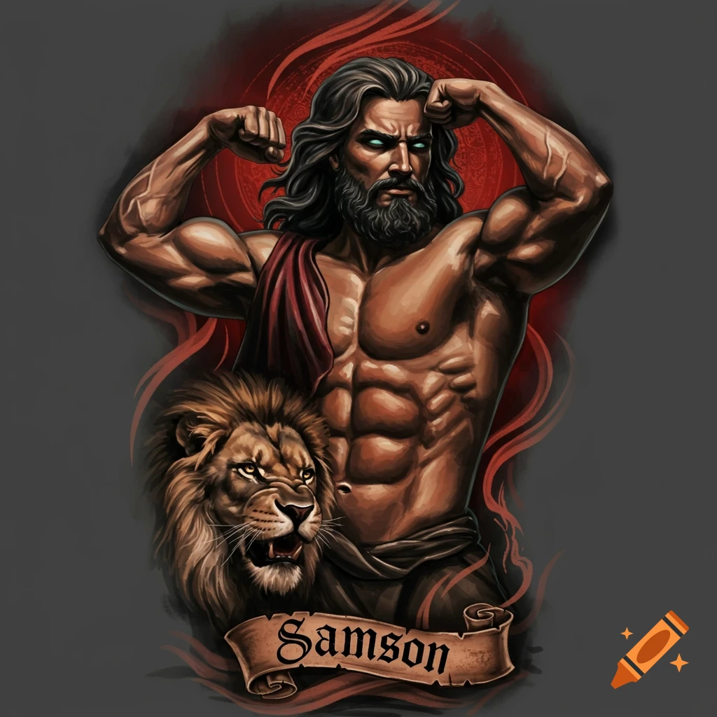 Illustration of a muscular man flexing next to a roaring lion, with a banner reading 'Samson'.