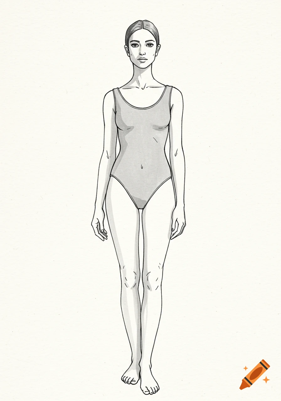 Line drawing of a woman standing in a leotard.
