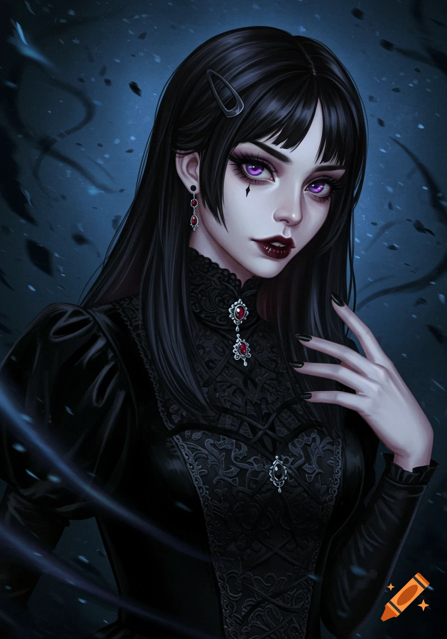 Portrait of a dark-haired woman with purple eyes in goth fashion.