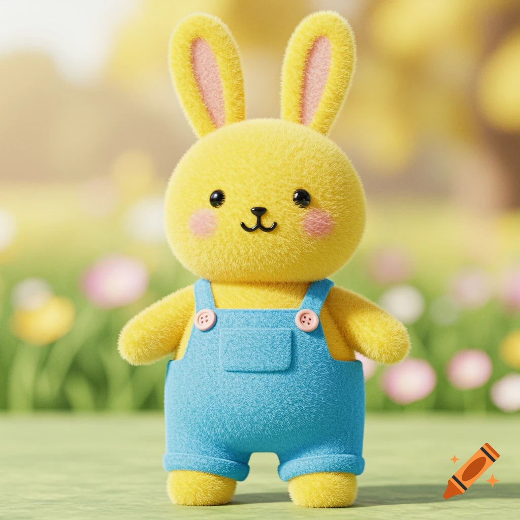 A fuzzy yellow toy bunny wearing blue overalls stands in a sunny field of flowers.