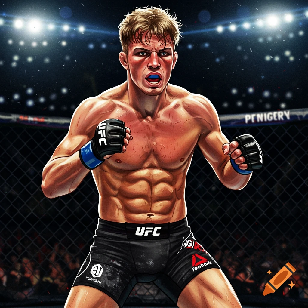 A muscular male MMA fighter in a UFC octagon, illustration.