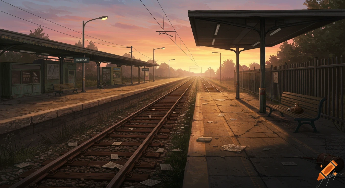 Anime style illustration of an old train station at sunset with tracks, platform, scattered papers, and a cat on a bench.