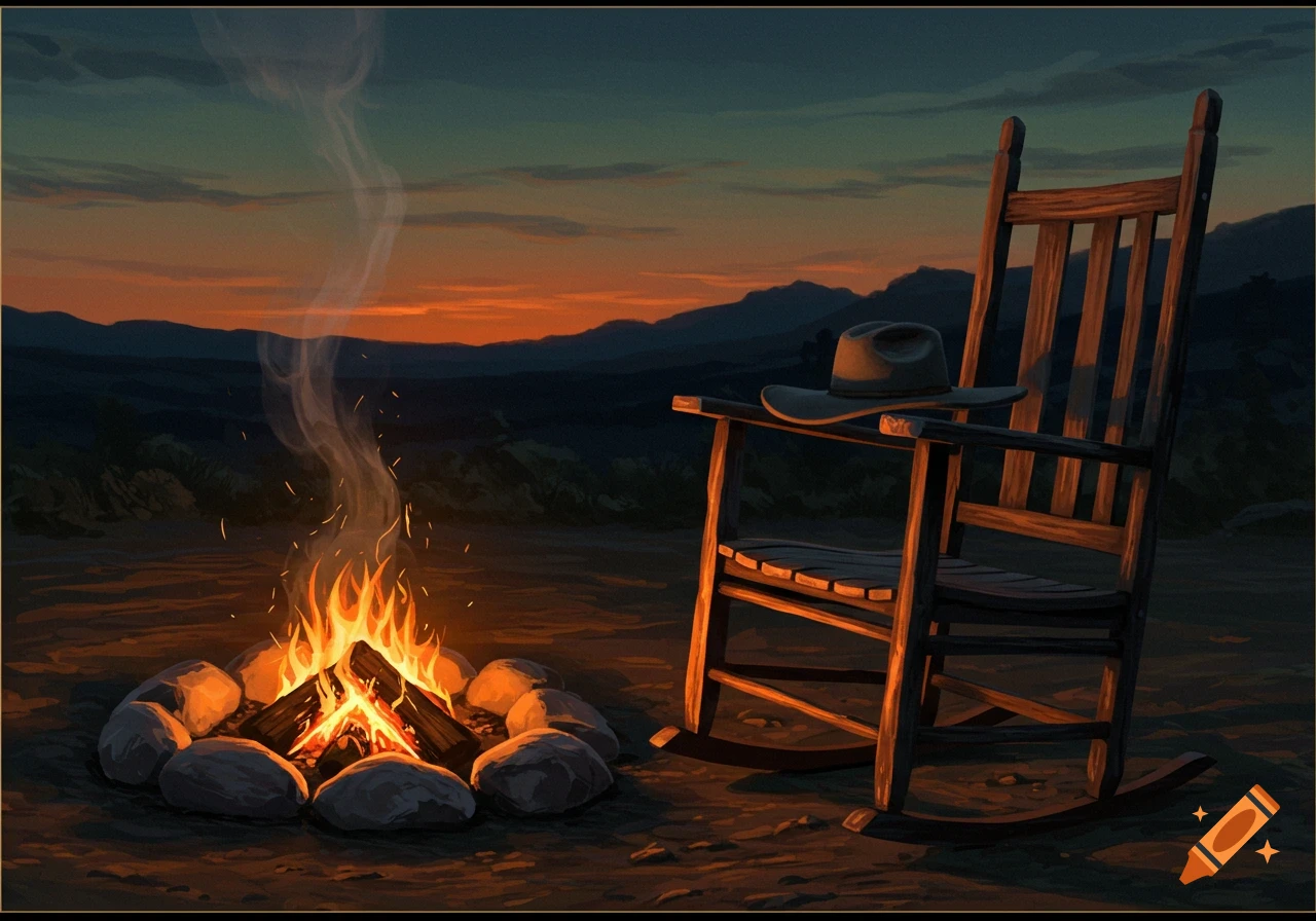 A hat rests on a rocking chair next to a campfire at sunset.