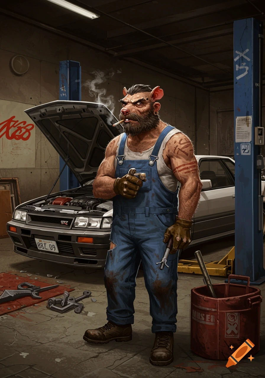 Anthro rat mechanic in overalls smokes a cigarette in a garage with a car.