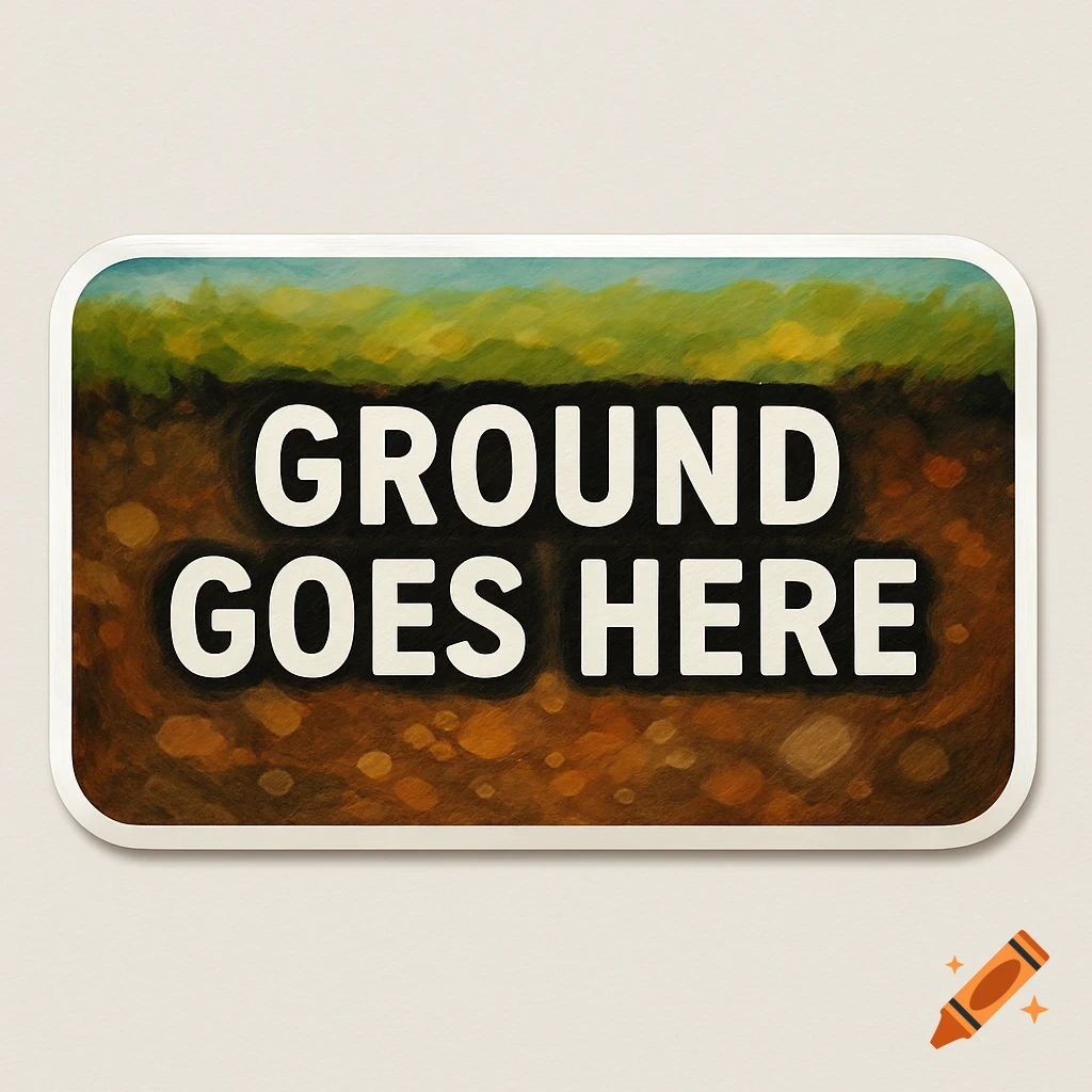 A bumper sticker design showing a cross-section of ground with text 'GROUND GOES HERE'.