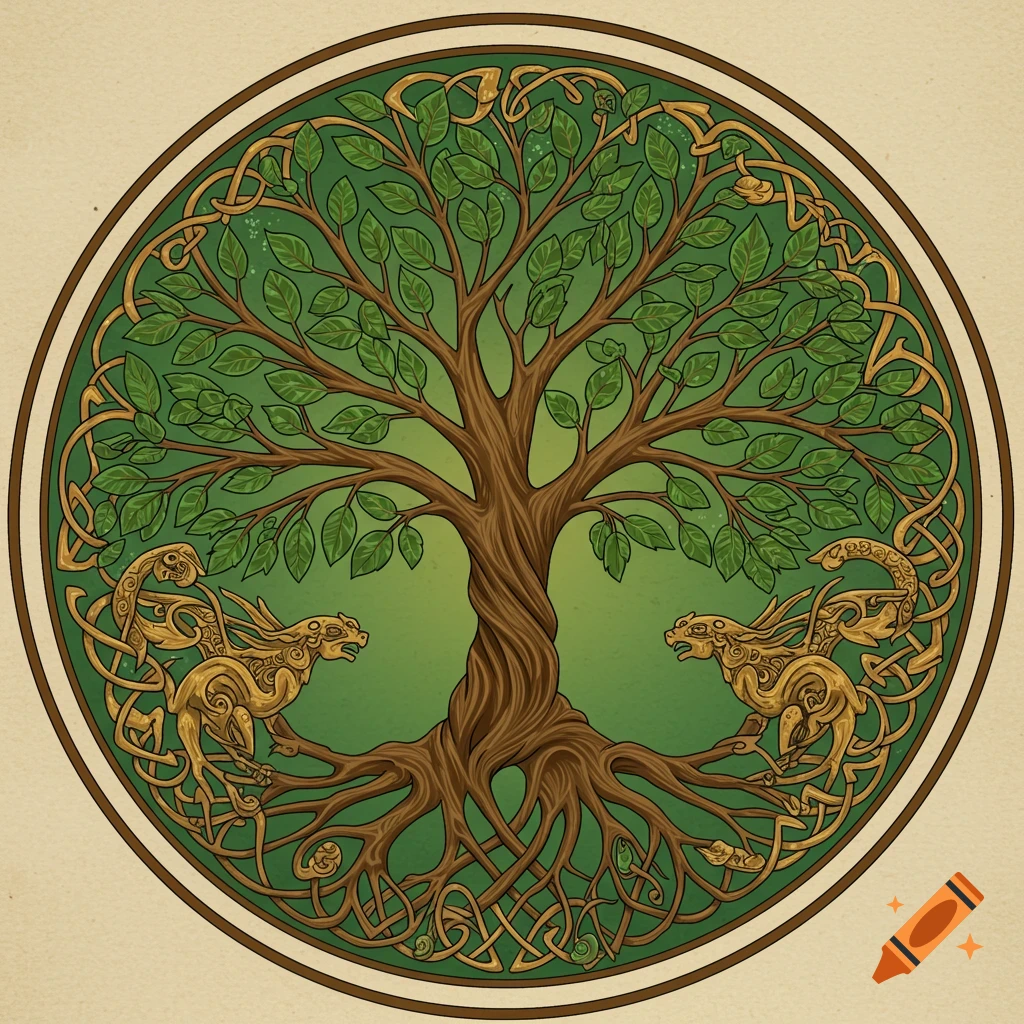 Detailed Celtic Tree of Life illustration with intertwined roots and branches, enclosed in a circle with stylized creatures and knotwork.