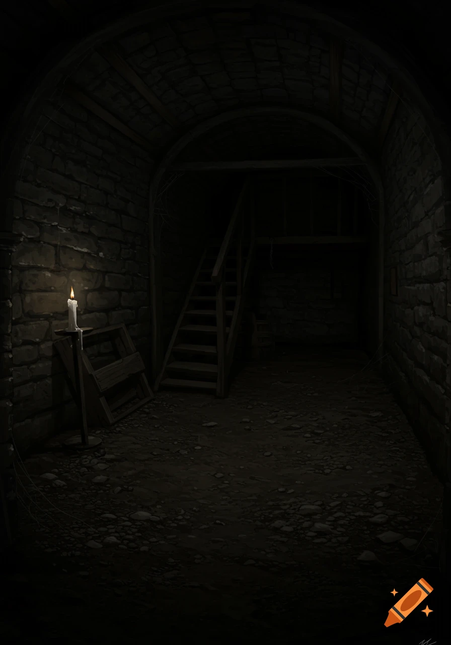 A dark cellar with stone walls, a dirt floor, stairs, and a lit candle on a stand.