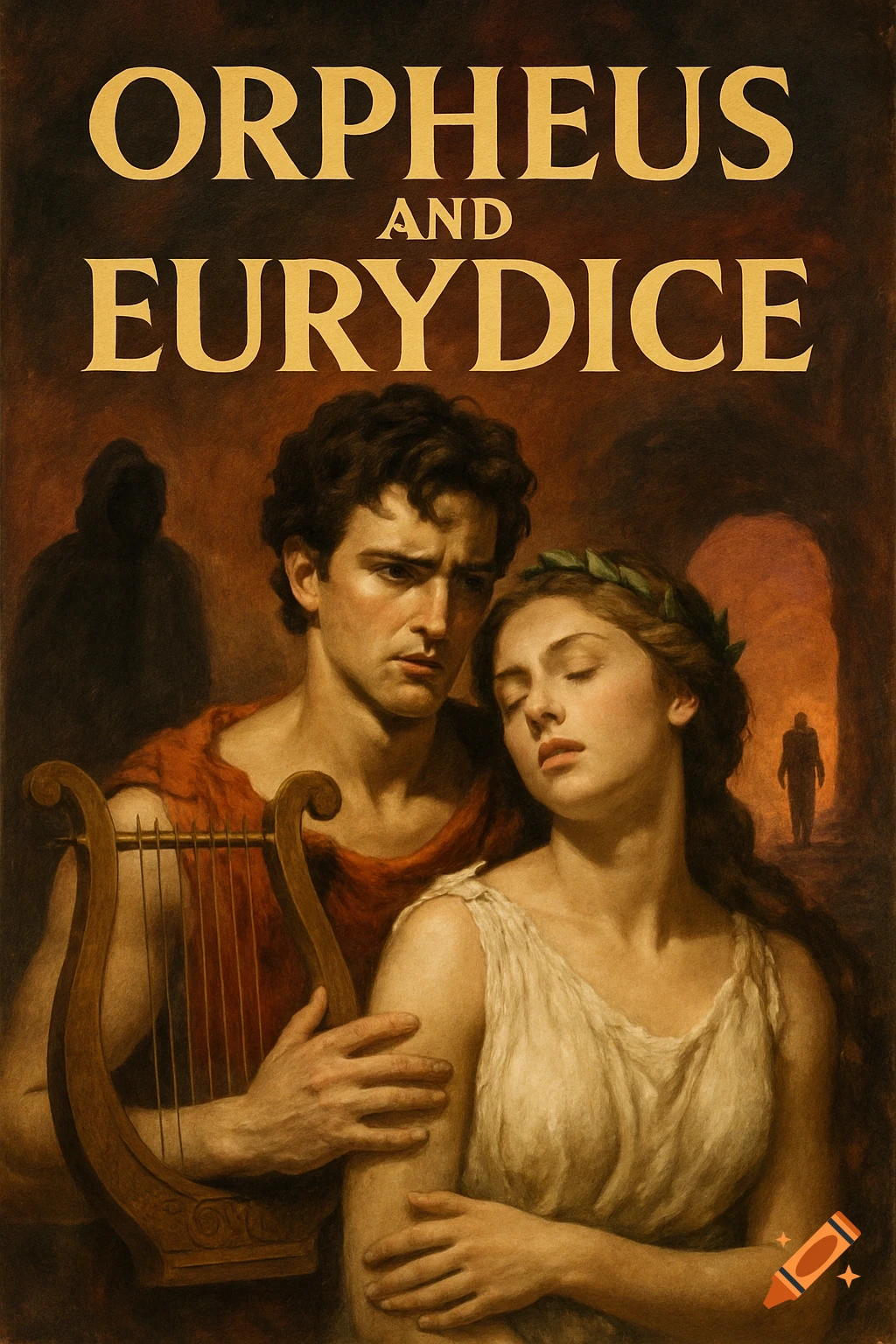 Orpheus plays a lyre as Eurydice leans on him, like a classical painting poster with title text.