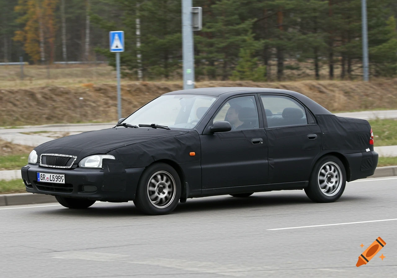 A black fabric-covered Daewoo Lanos sedan test car drives on a road.