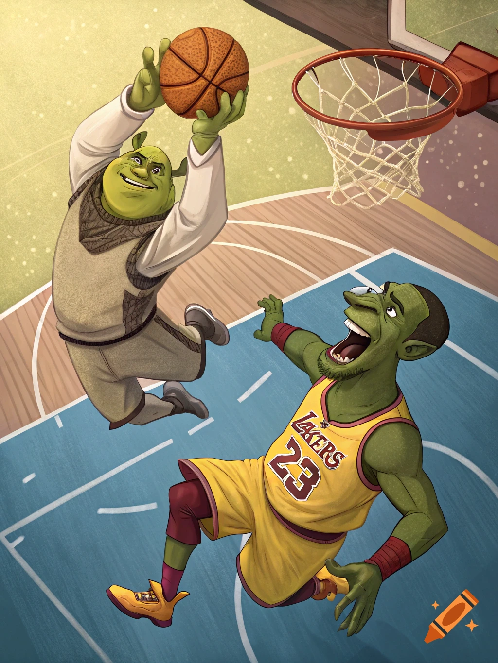 Shrek dunks a basketball over a goblin character in a yellow Lakers jersey.
