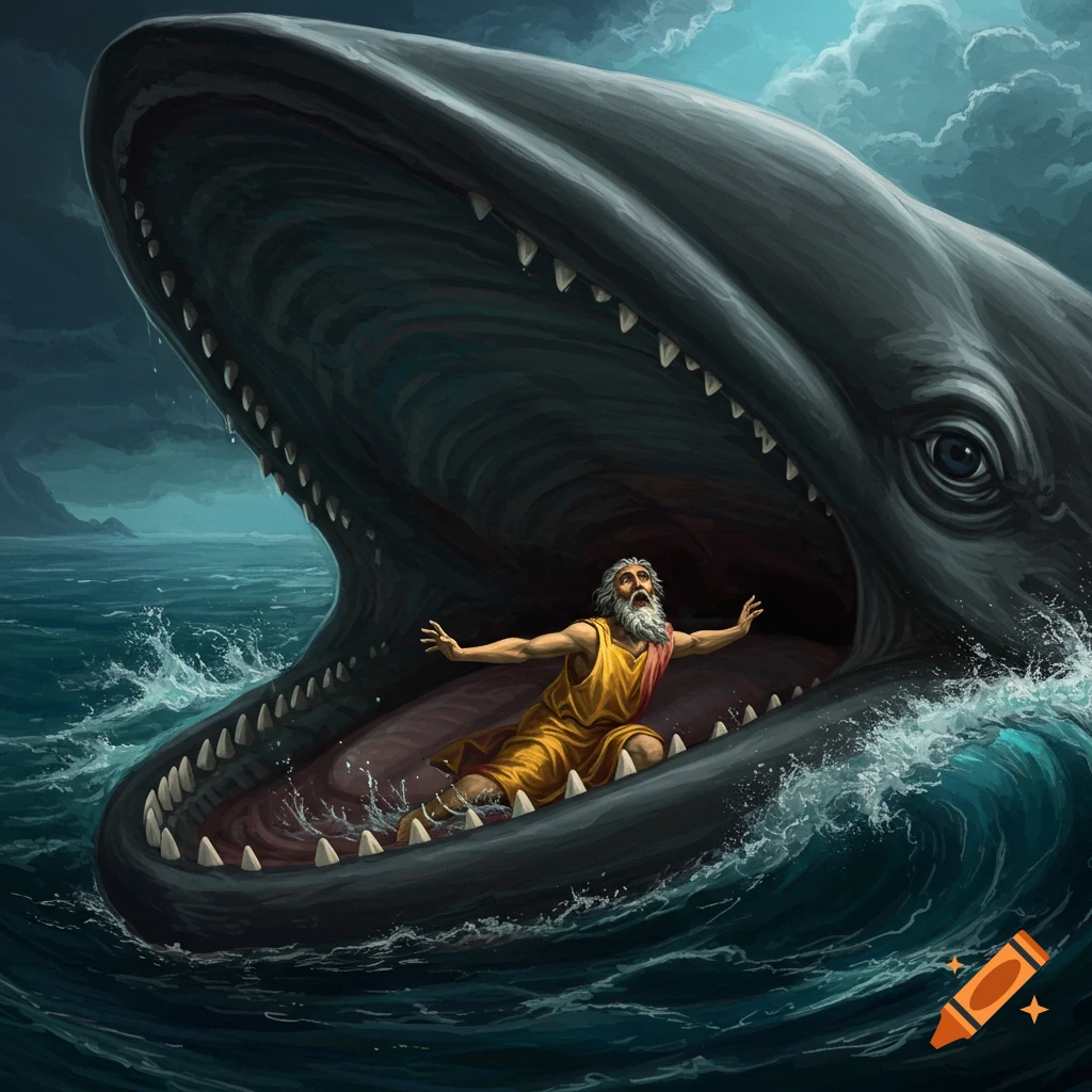 An illustration of a man being swallowed by a whale in the ocean.