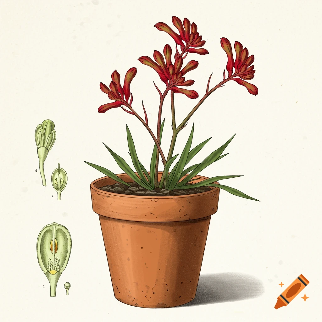 Botanical illustration of a kangaroo paw plant in a pot with detailed diagrams.