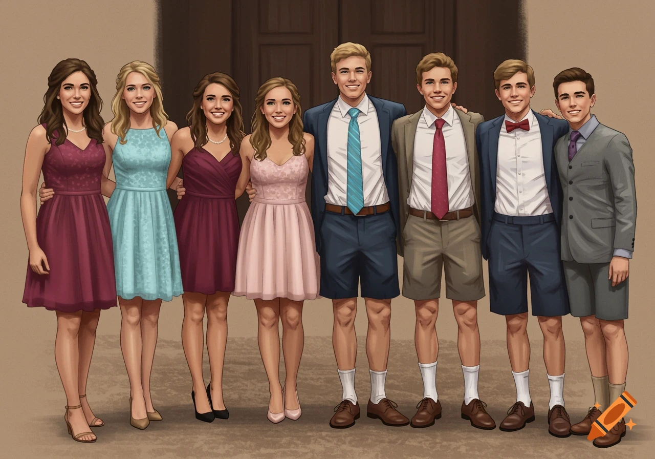 Illustrated group photo of smiling young men and women in formal dresses and suits with shorts.