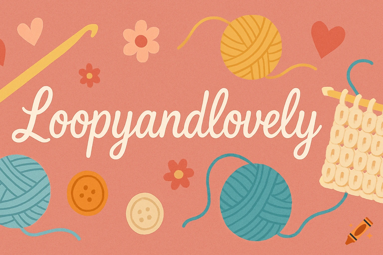 Illustration banner with crochet hook, yarn, buttons, and text 'Loopyandlovely' on a pink background.
