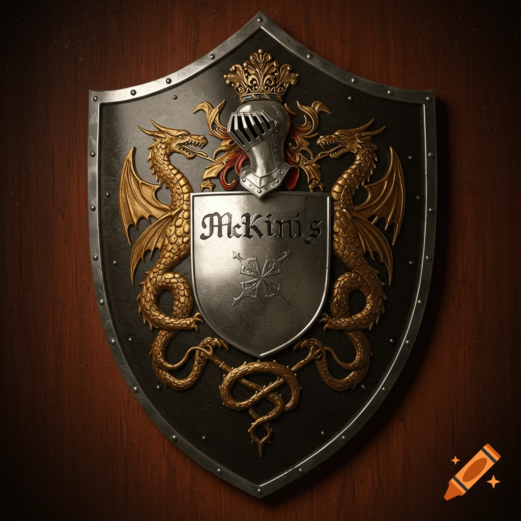 Highly decorated fantasy shield with dragons and helmet crest on wood wall.