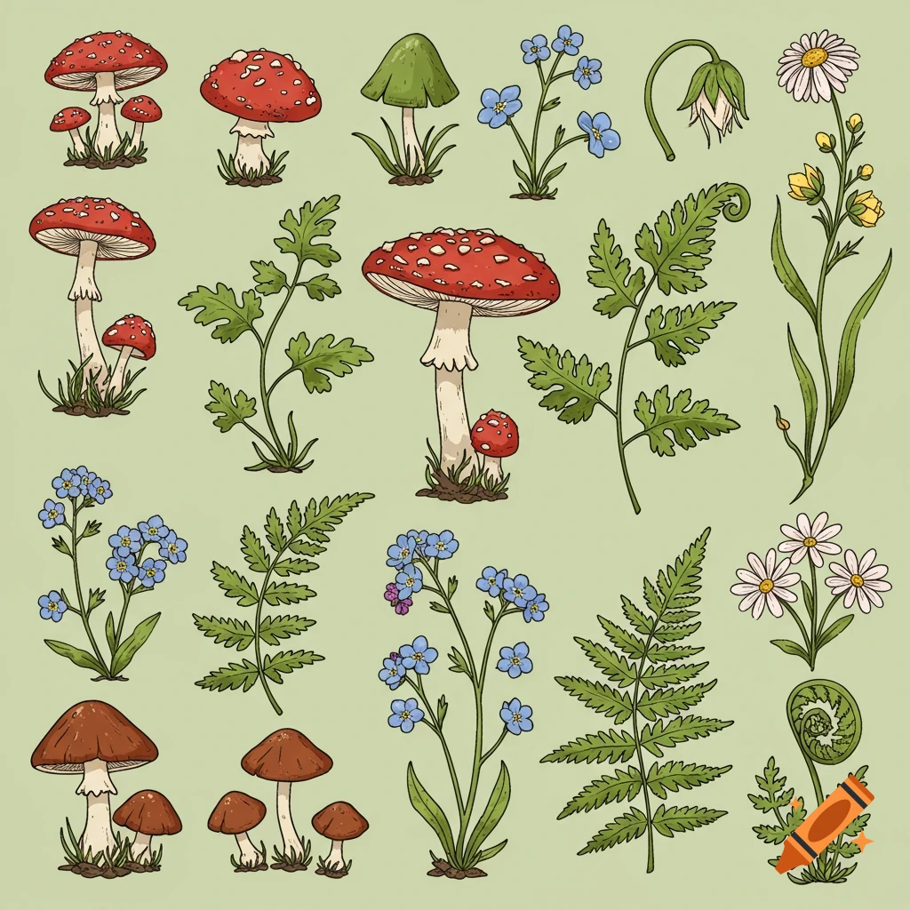 Botanical illustration of various mushrooms, ferns, forget-me-nots, and daisy-like flowers on a light green background.