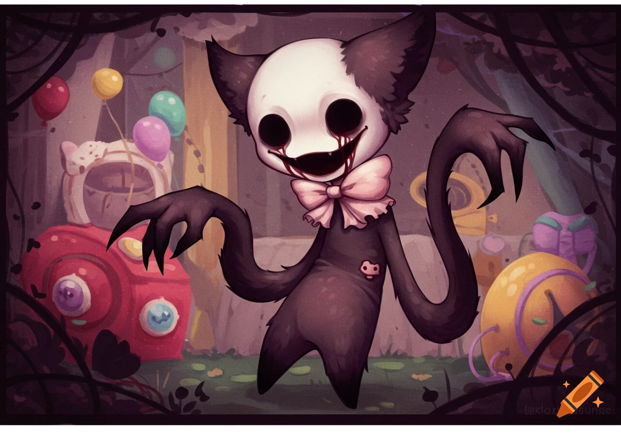 A creepy cartoon creature with a white mask face, black tear streaks, and a pink bow stands in a dark, whimsical scene with balloons and strange objects.