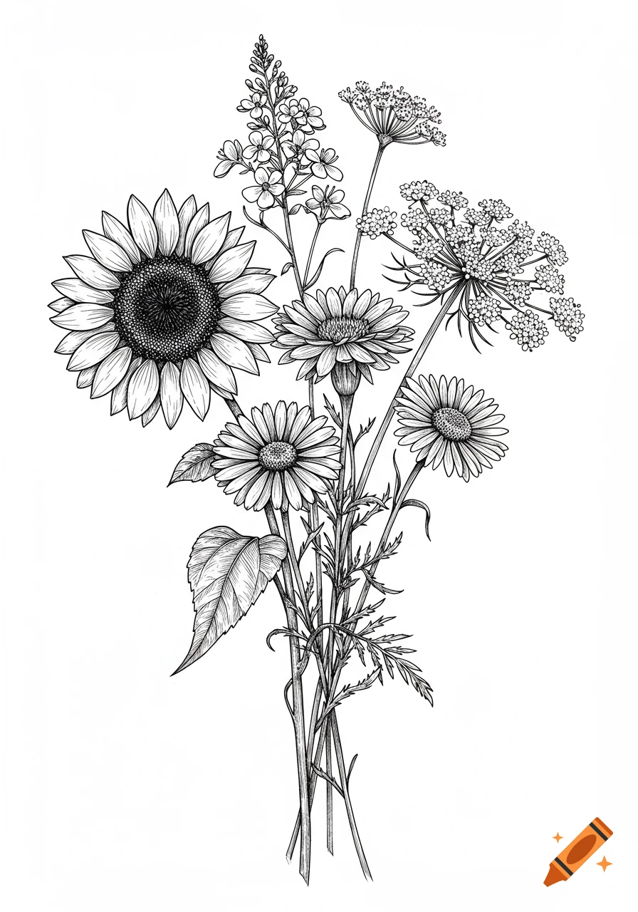 Black and white line drawing of a bouquet with a sunflower, daisies, and wildflowers.