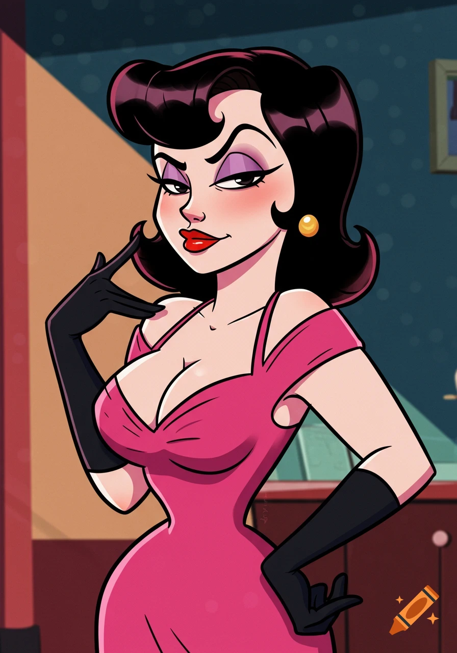 Cartoon pinup woman in a pink dress and black gloves