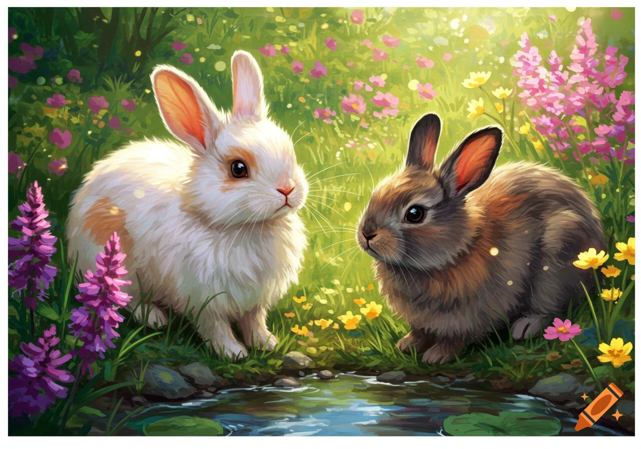 Two bunnies sitting in a vibrant field of colorful flowers by a stream in a digital painting style.