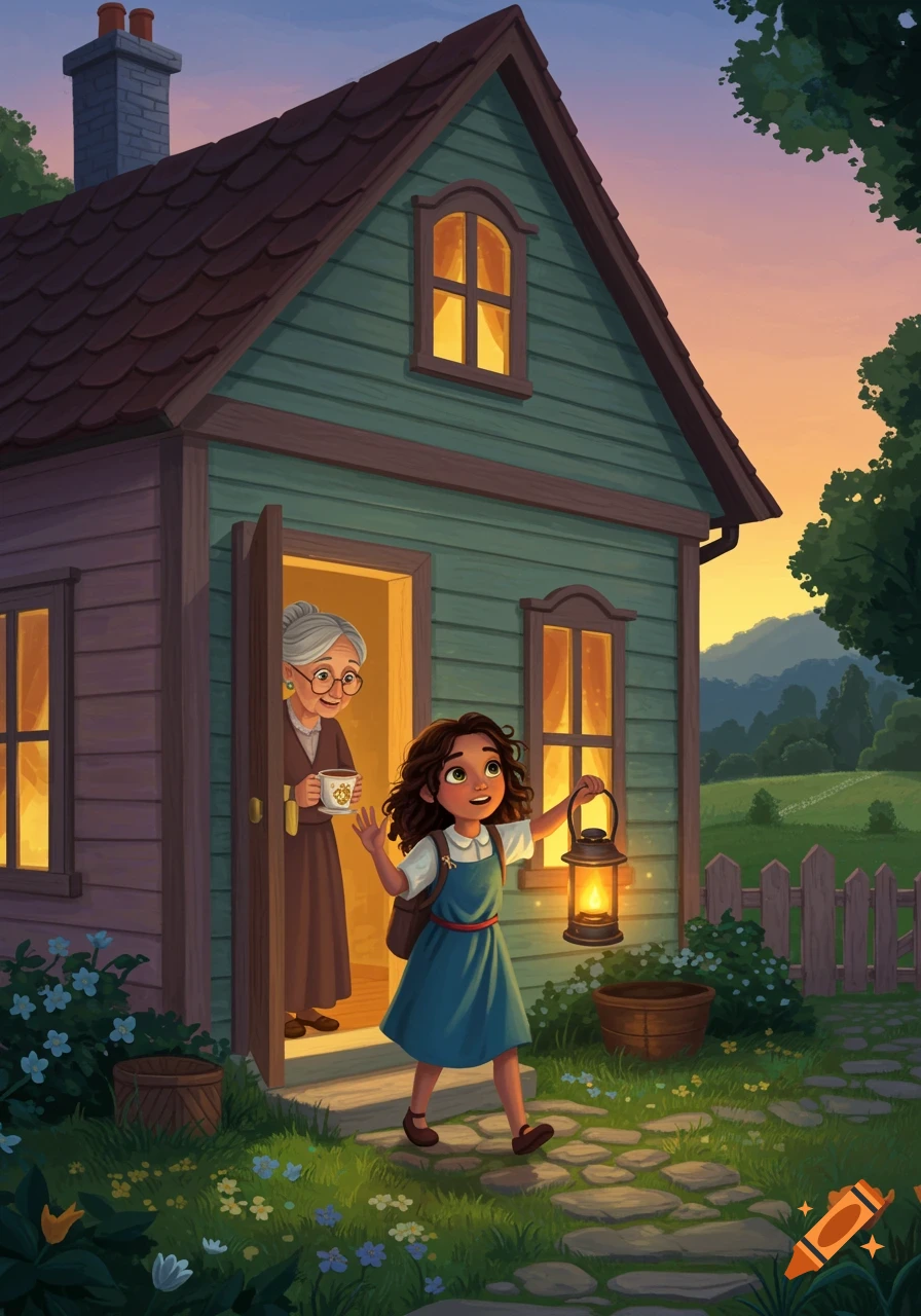 Illustration of a girl with a lantern leaving a house at dusk, waving at her grandma in the doorway.
