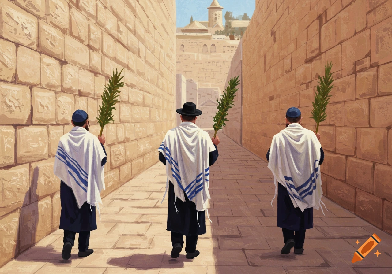 Three men in religious garb and tallit walking away, holding palm branches towards a building, in an impressionist style.