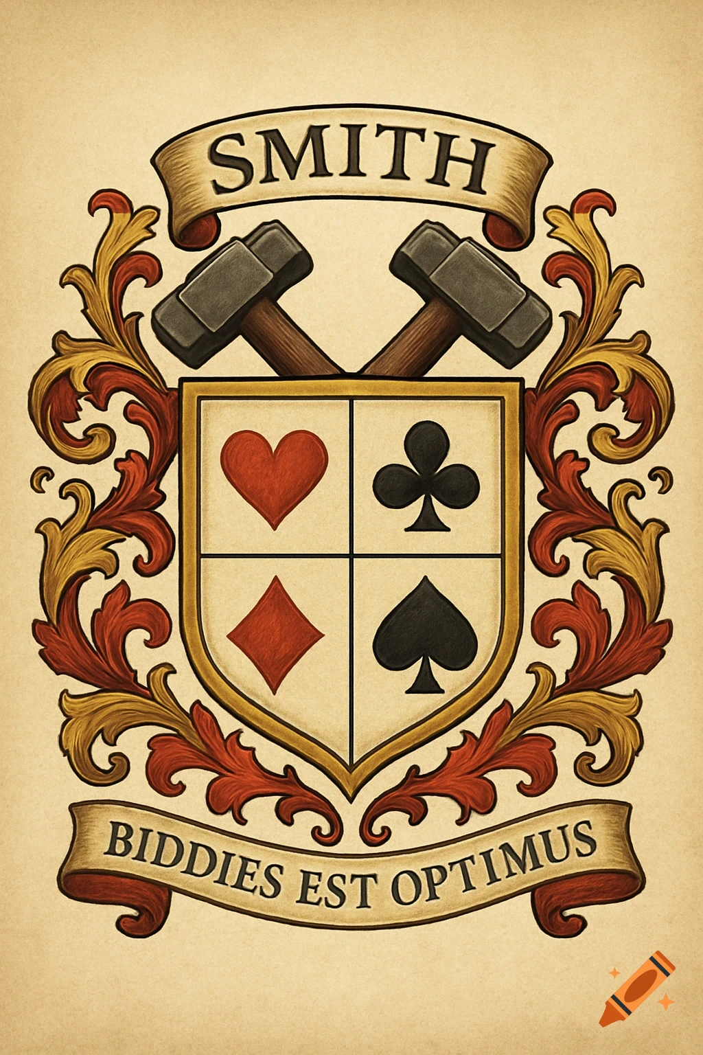 A coat of arms with crossed hammers, shield of card suits (heart, club, diamond, spade), and banners reading SMITH and BIDDIES EST OPTIMUS.