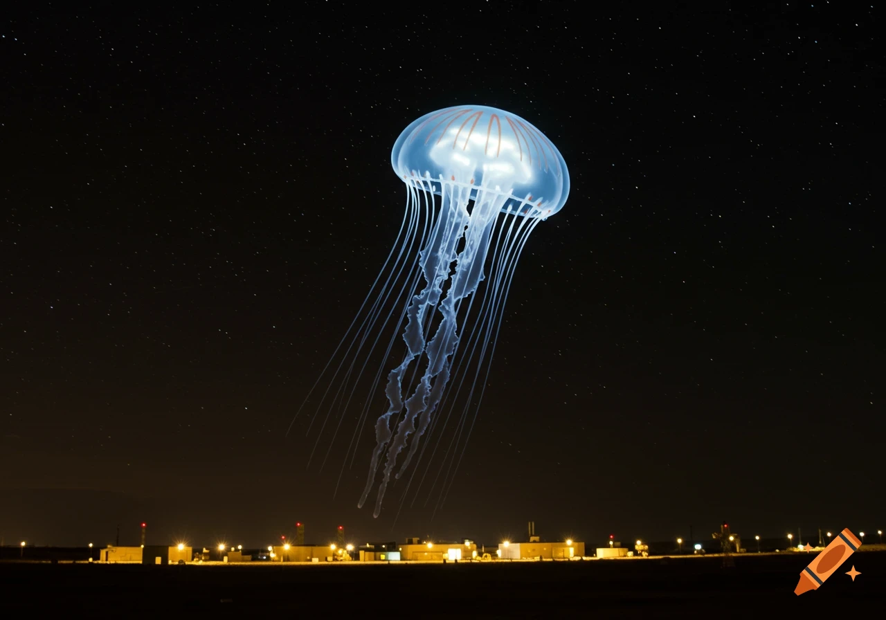 Glowing jellyfish in starry night sky above lit-up buildings.