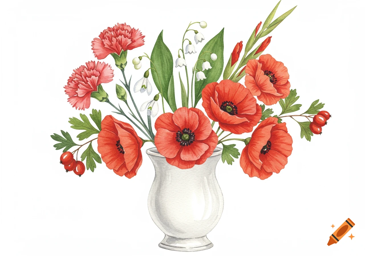 Watercolor painting of a flower bouquet with red poppies, pink carnations, white lily of the valley, and red berries in a white vase.