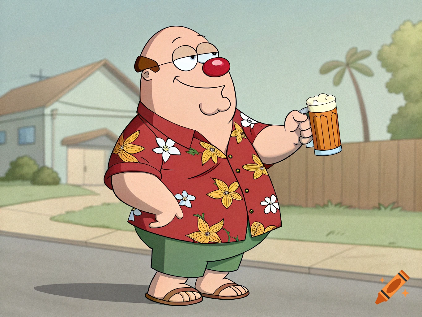 A bald cartoon man with a red nose, wearing a red Hawaiian shirt and shorts, holding a mug of beer.