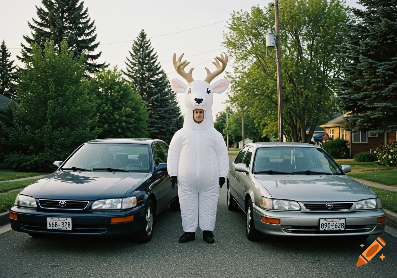 Person in a deer costume standing between two cars on a street.