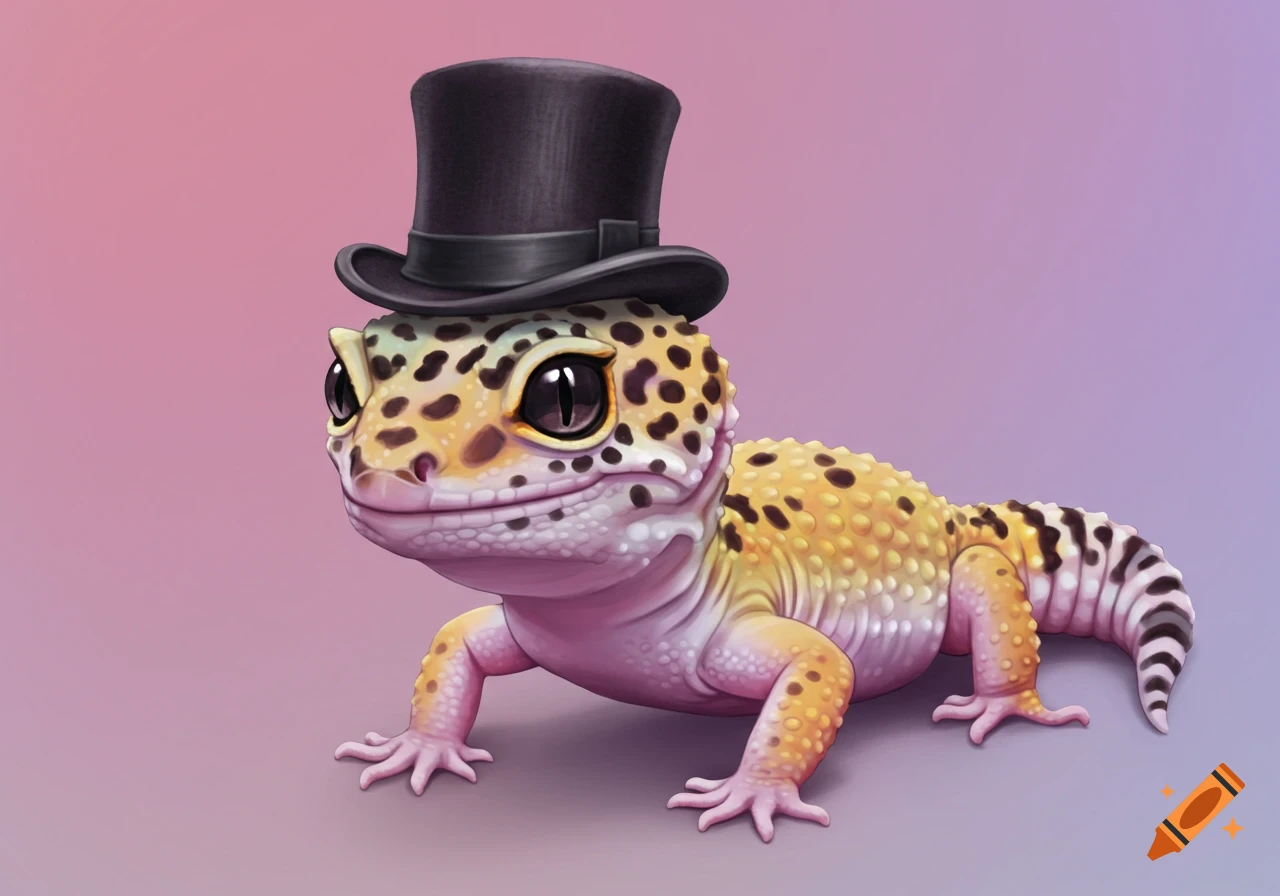 A stylized leopard gecko wearing a black top hat.