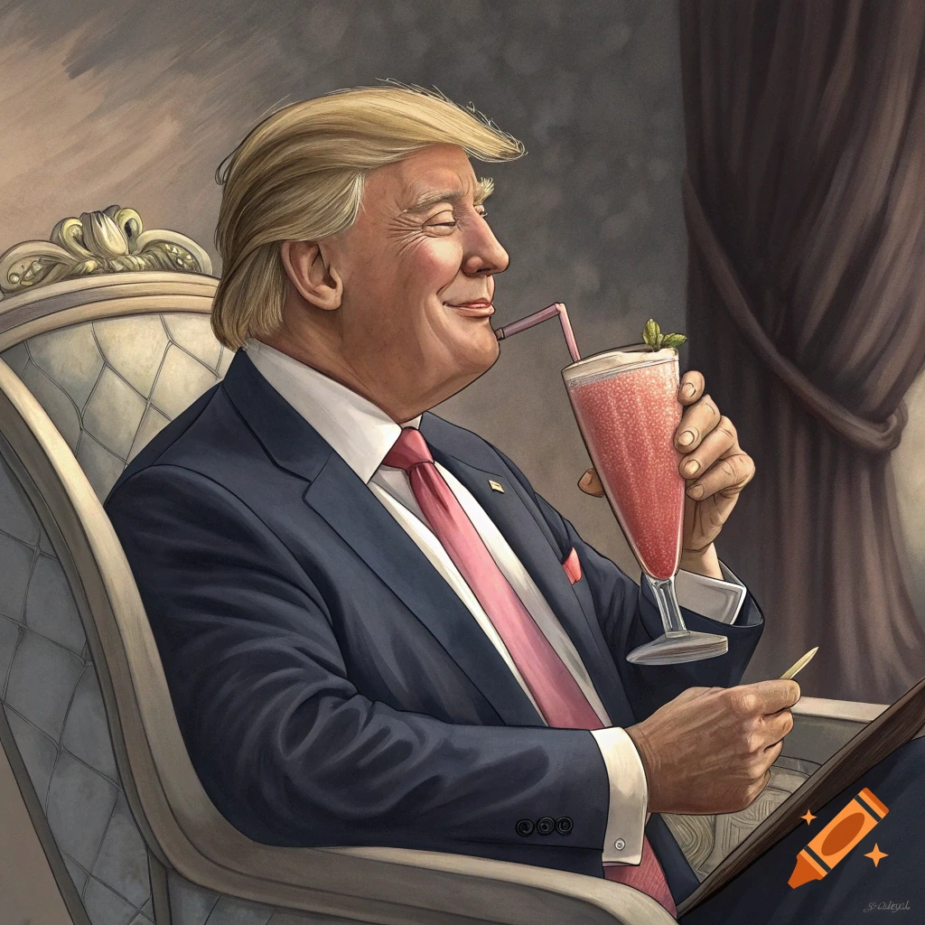 Illustration of Donald Trump sitting in a chair and sipping a smoothie