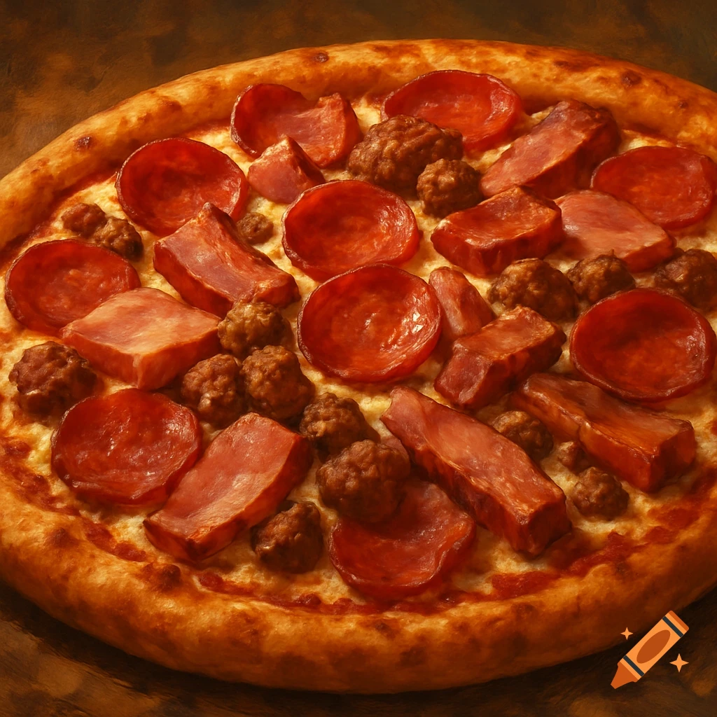 Close-up of a thick-crust pizza topped with pepperoni, cubed meat, and sausage.