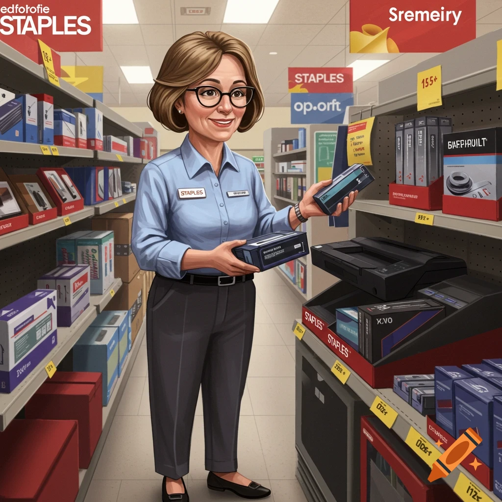 A woman wearing a Staples uniform holds products in a store aisle.
