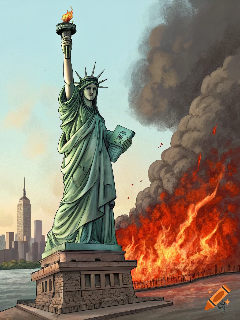 Illustration of the Statue of Liberty standing near a large fire in New York City.
