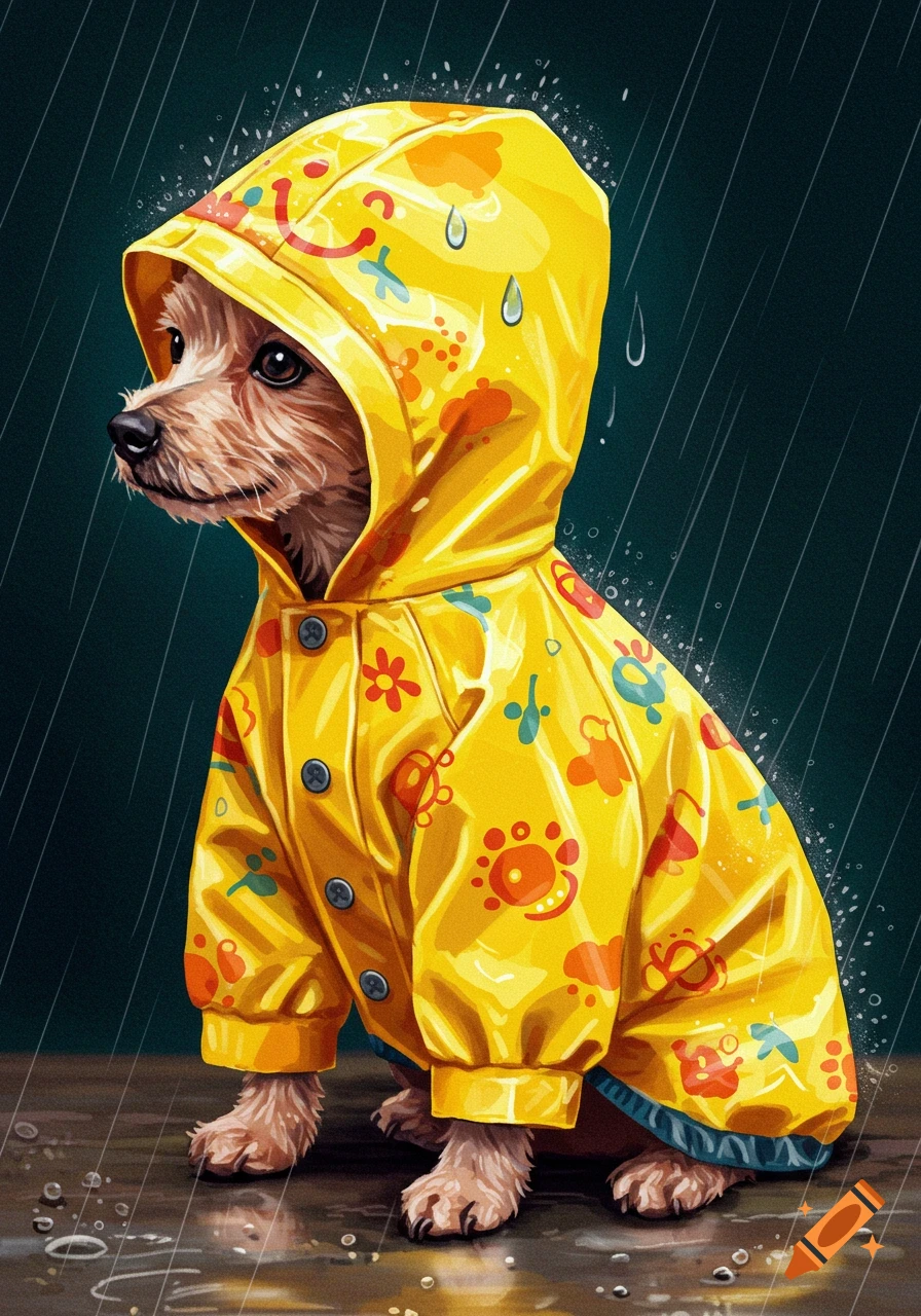 A small dog wearing a yellow rain jacket stands in the rain.